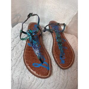 Sam Edelman Women's Snake Print Thong Sandals Blue Green Brown Leather 8.5